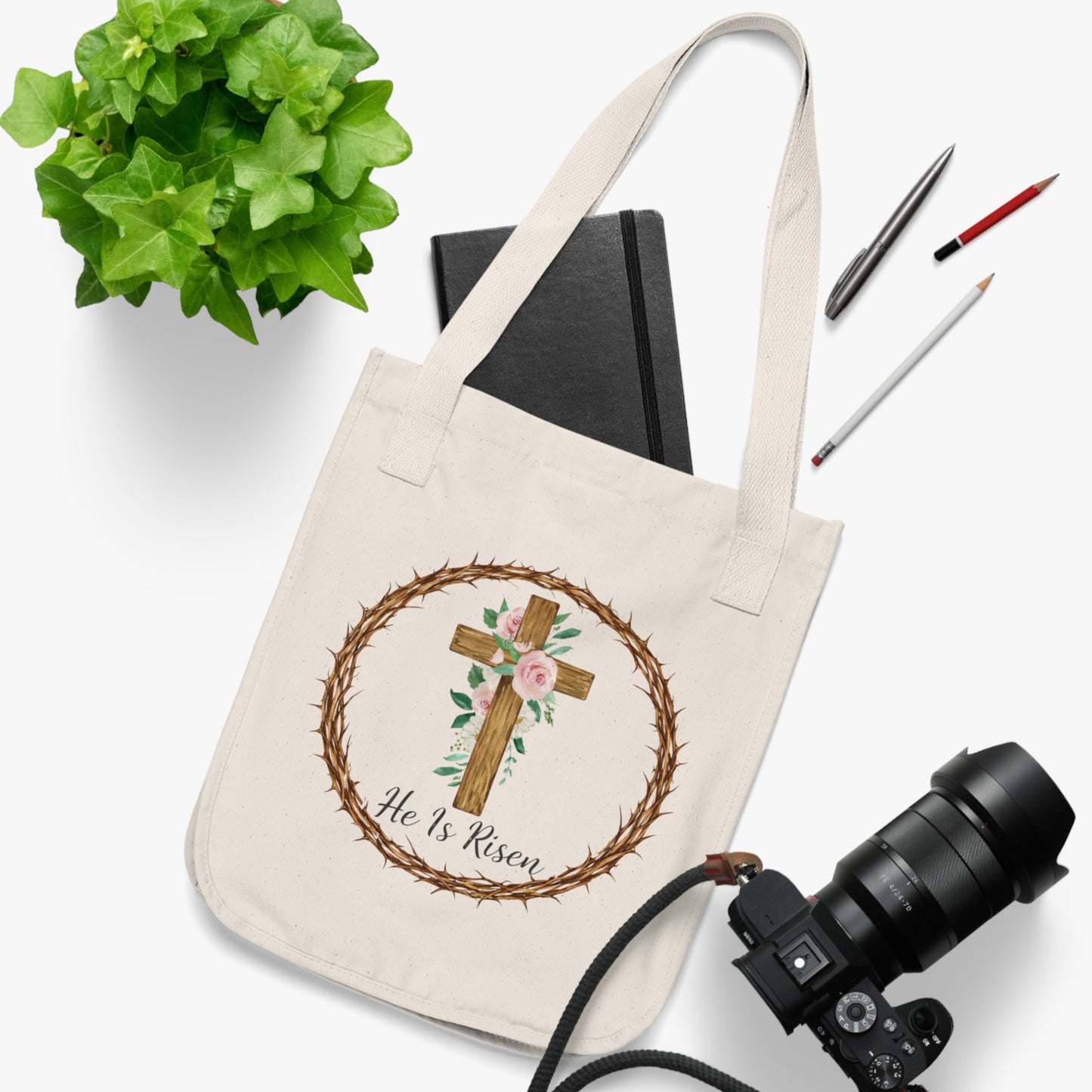 He Is Risen Canvas Tote Bag | Faith-Inspired Christian Tote | Easter Cross Floral Design | Everyday Neutral Tote