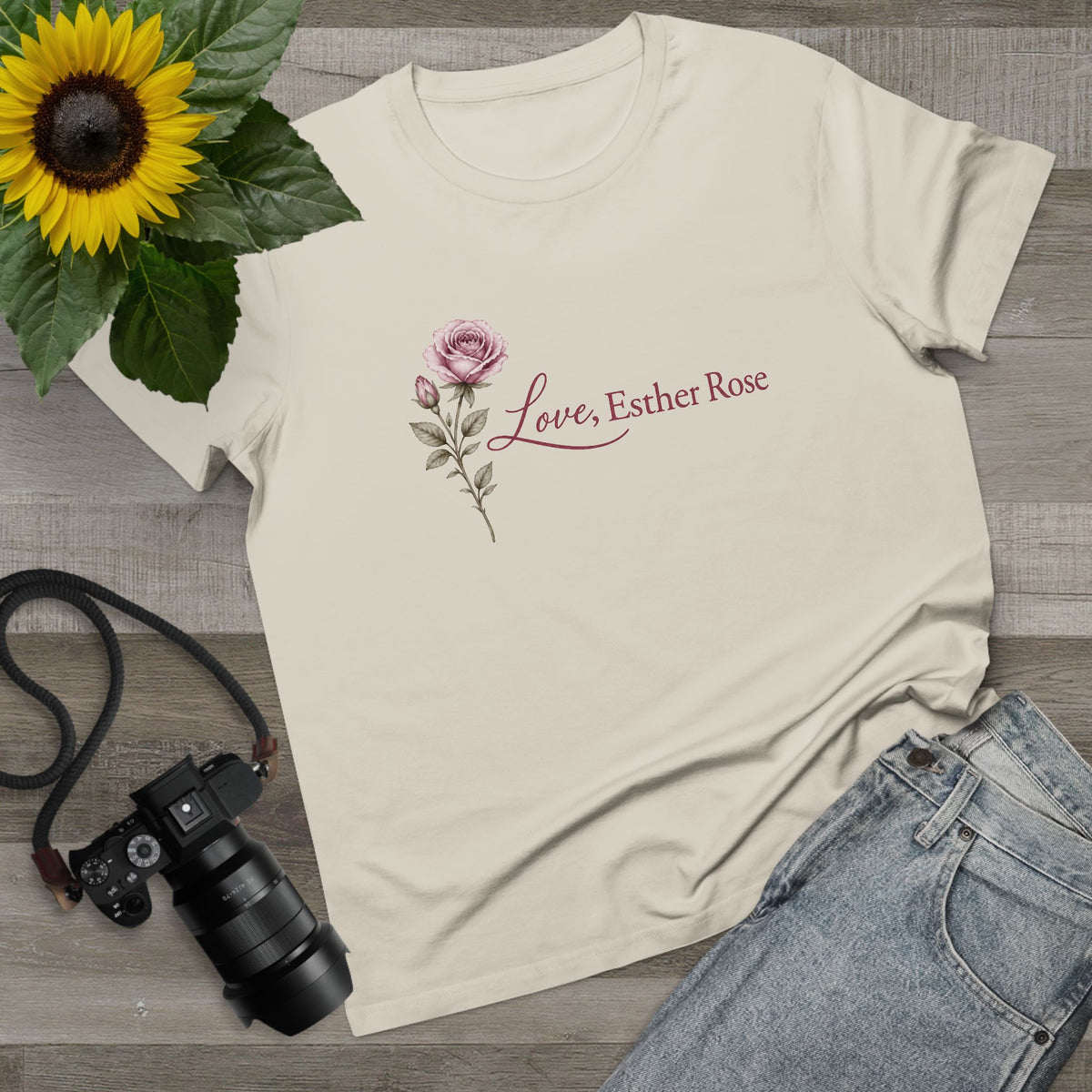 Women’s Floral Rose Tee – "Love, Esther Rose" Script
