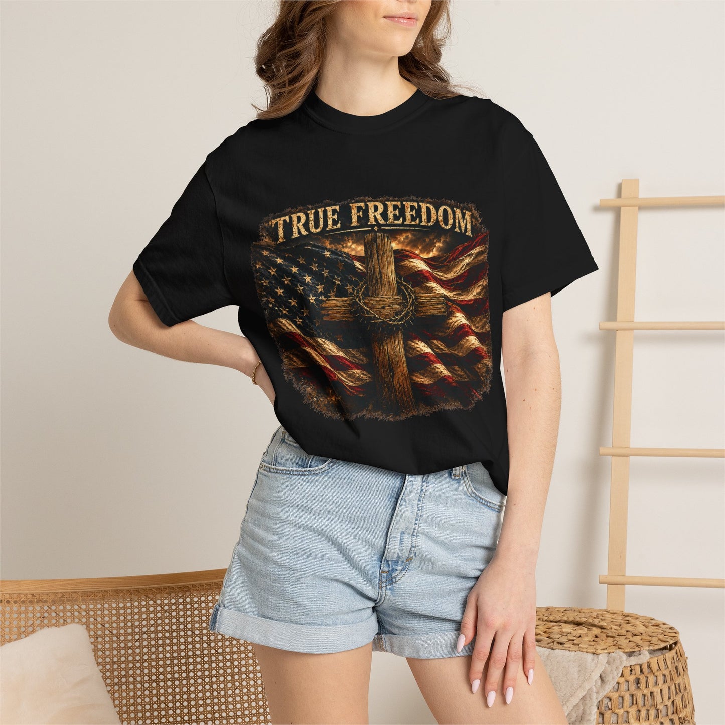 True Freedom Patriotic Christian T-Shirt | 2 Corinthians 3:17 | American Flag Cross Tee