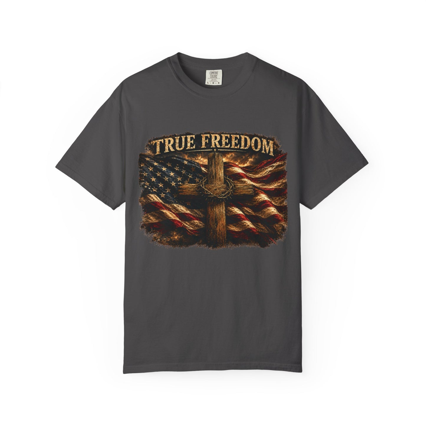 True Freedom Patriotic Christian T-Shirt | 2 Corinthians 3:17 | American Flag Cross Tee