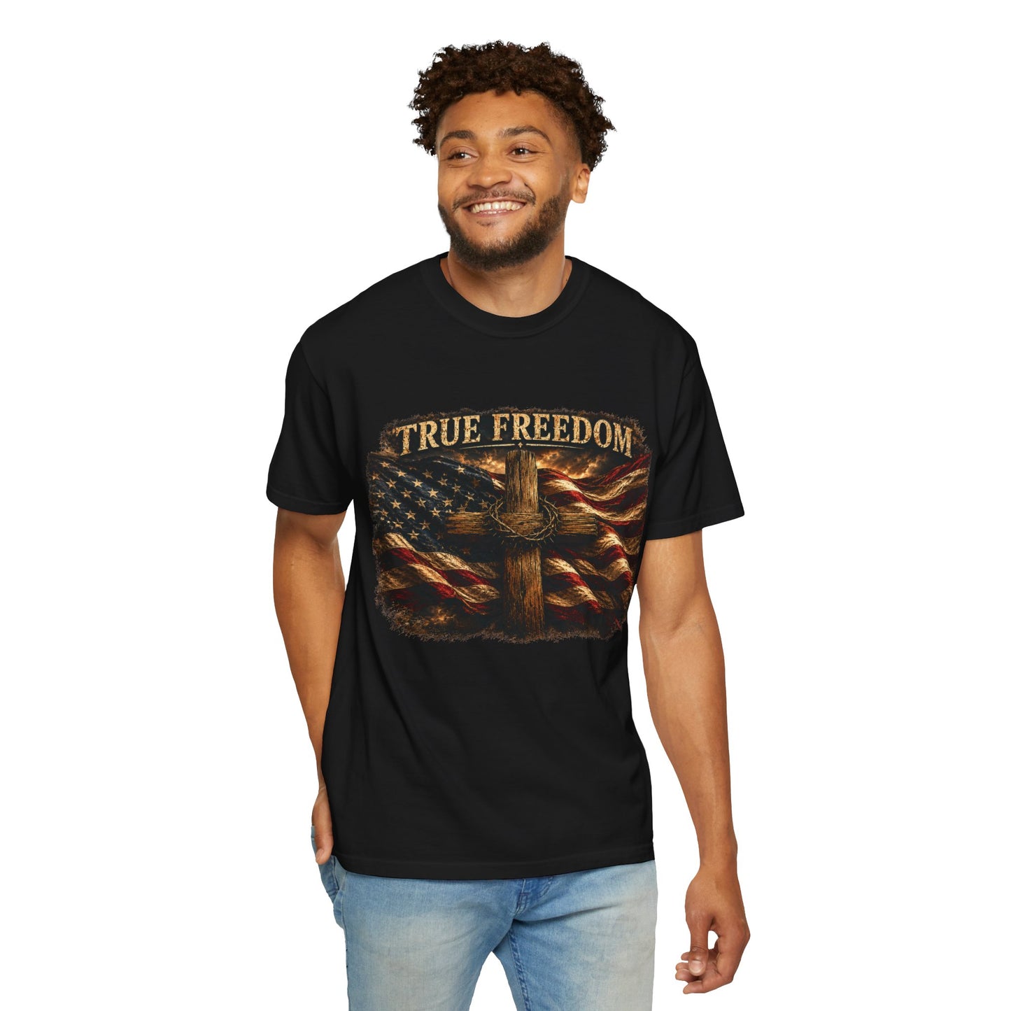 True Freedom Patriotic Christian T-Shirt | 2 Corinthians 3:17 | American Flag Cross Tee