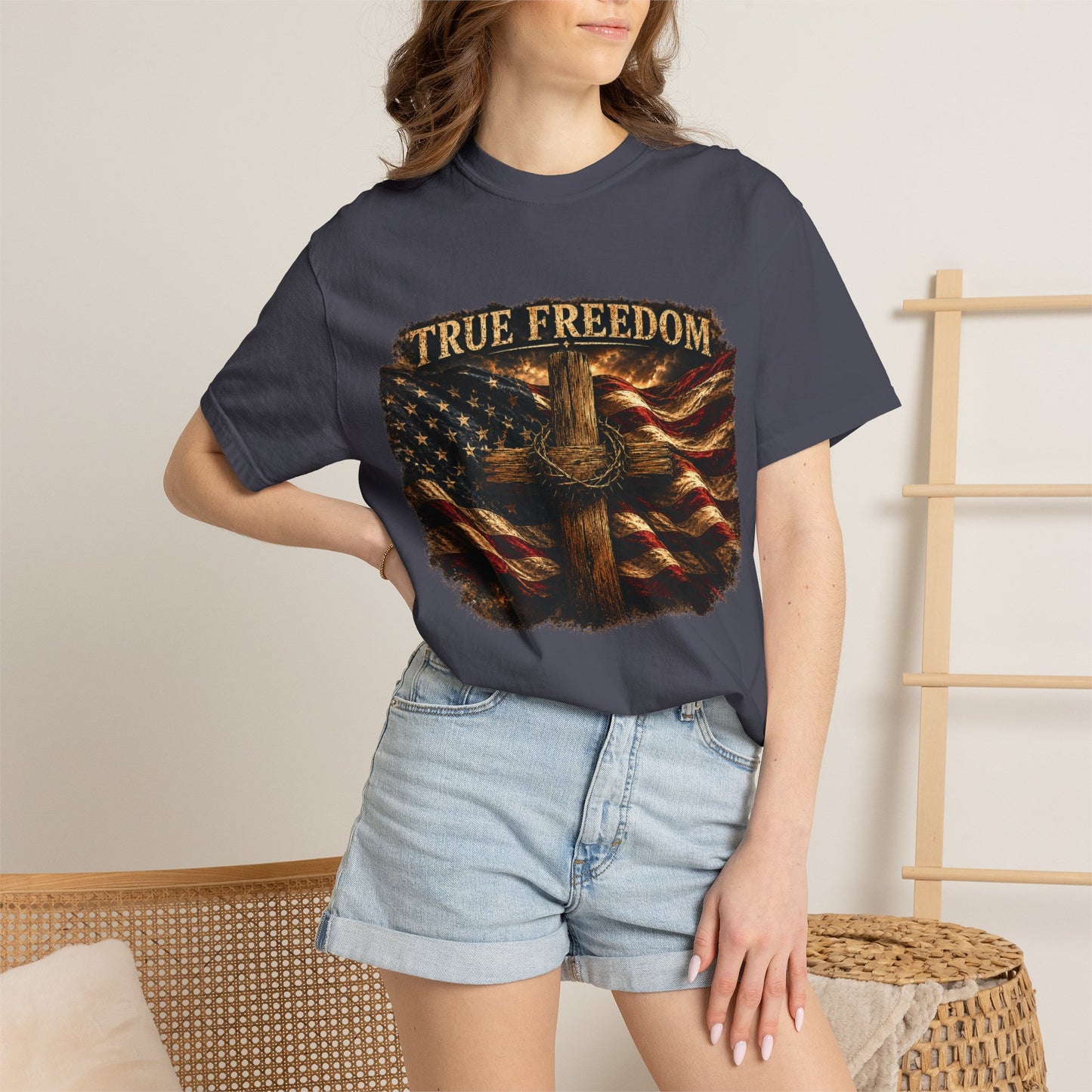 True Freedom Patriotic Christian T-Shirt | 2 Corinthians 3:17 | American Flag Cross Tee