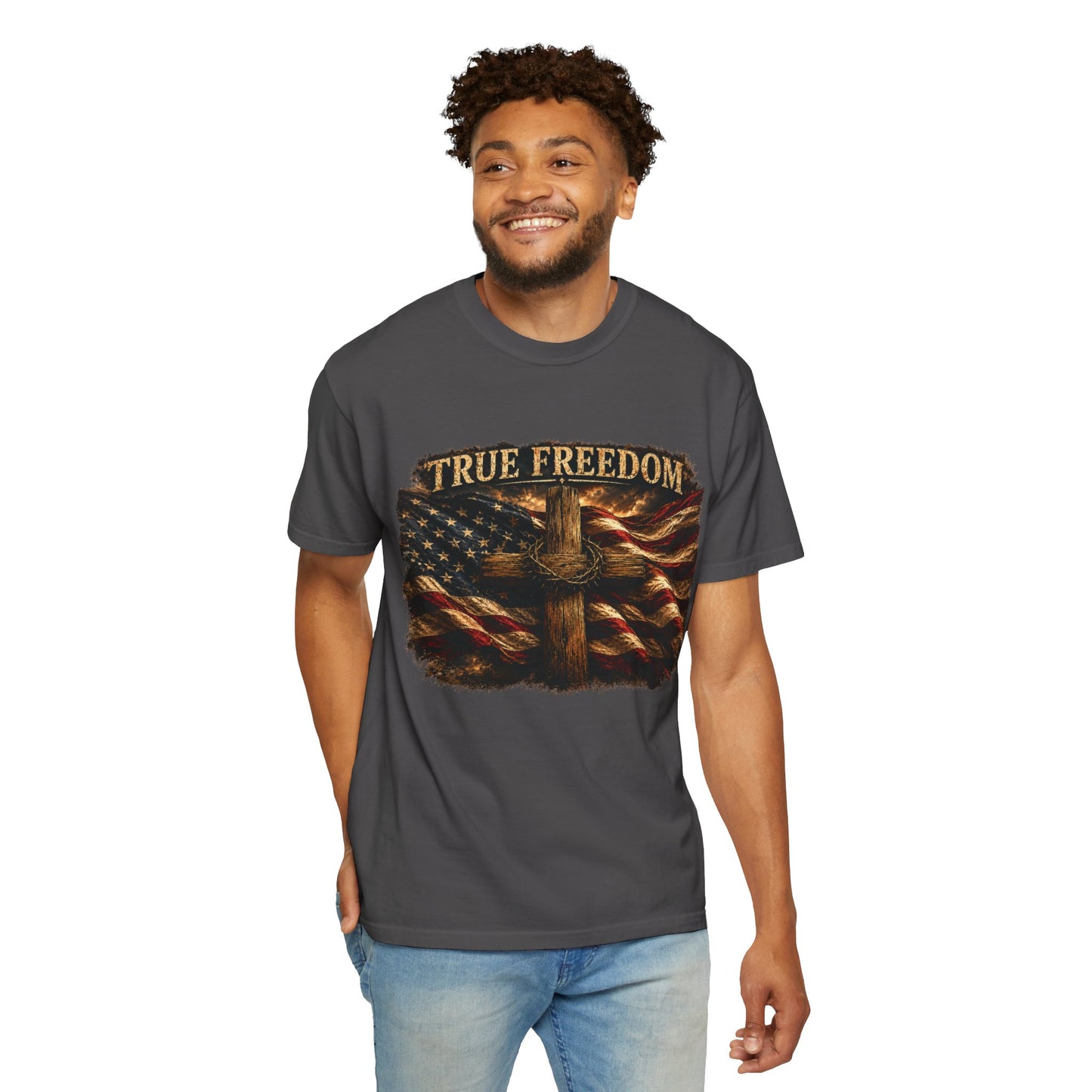 True Freedom Patriotic Christian T-Shirt | 2 Corinthians 3:17 | American Flag Cross Tee