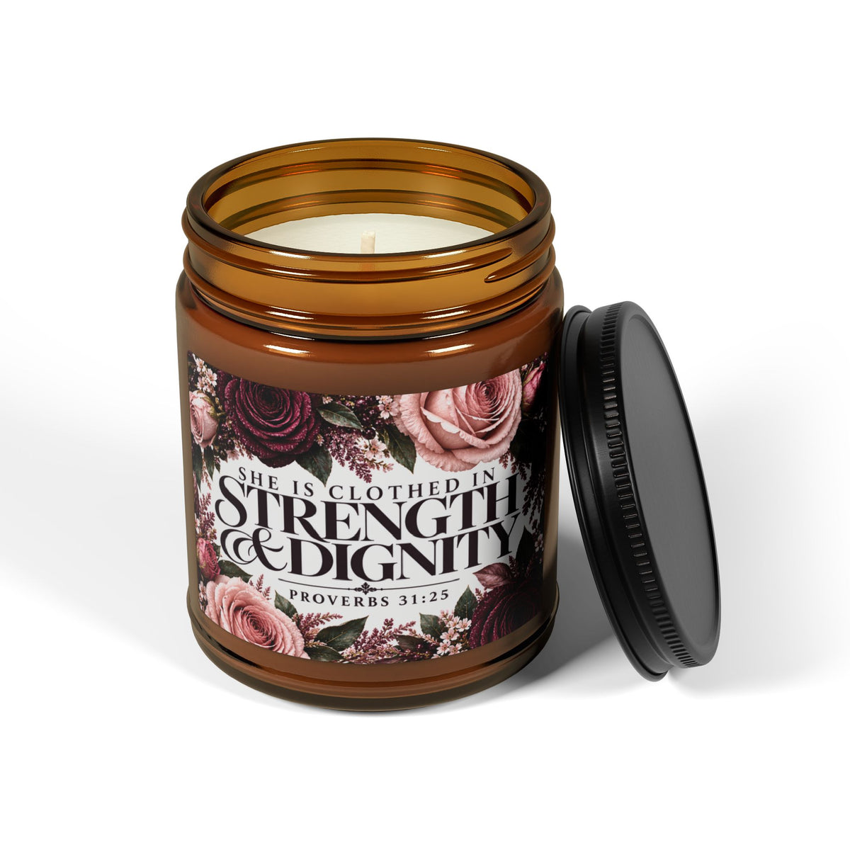 Strength & Dignity Soy Candle — Amber Jar, Floral Scent (Proverbs 31 Quote)