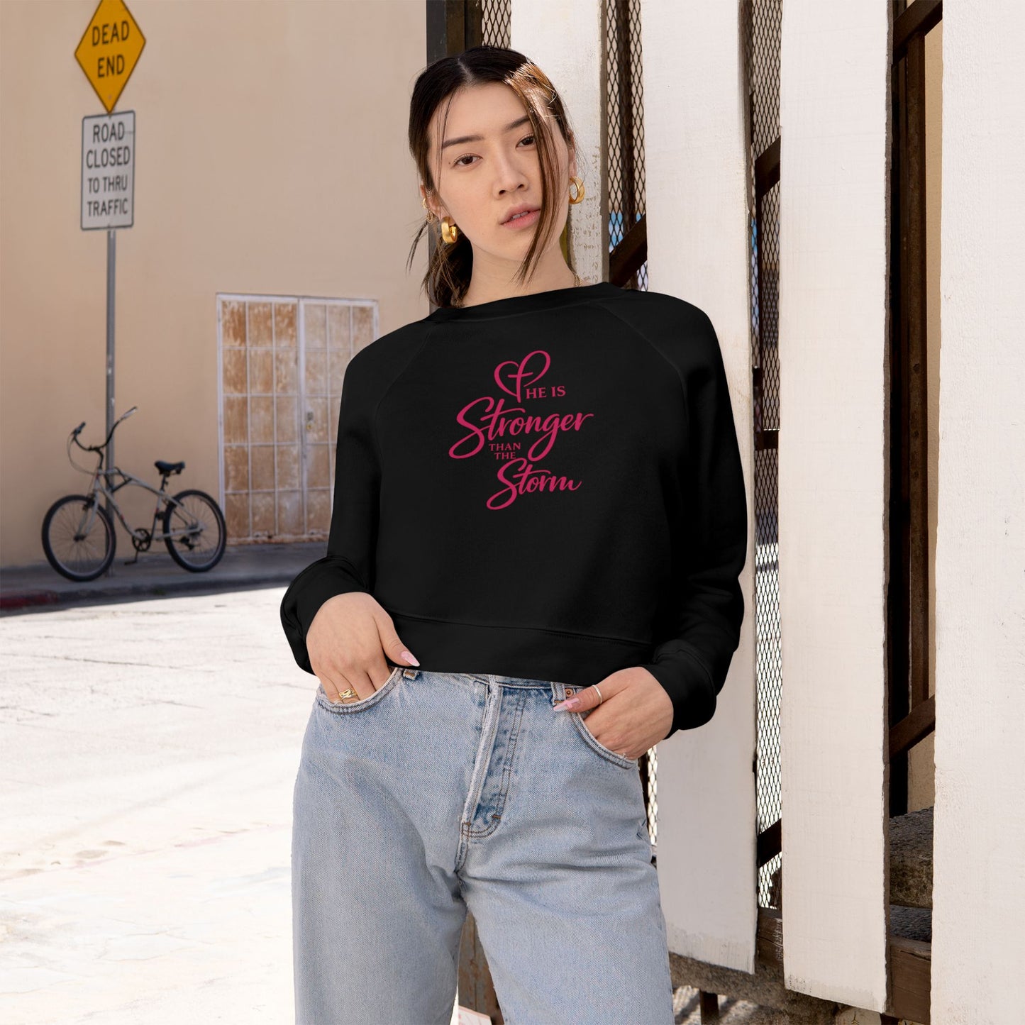 He Is Stronger Than the Storm Cropped Sweatshirt | Faith-Based Women’s Apparel | Christian Statement Pullover