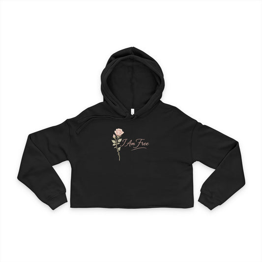“I Am Free” Cropped Hoodie – Faith-Based Christian Women’s Sweatshirt, Feminine Rose Graphic, Minimalist Aesthetic Black Crop Hoodie