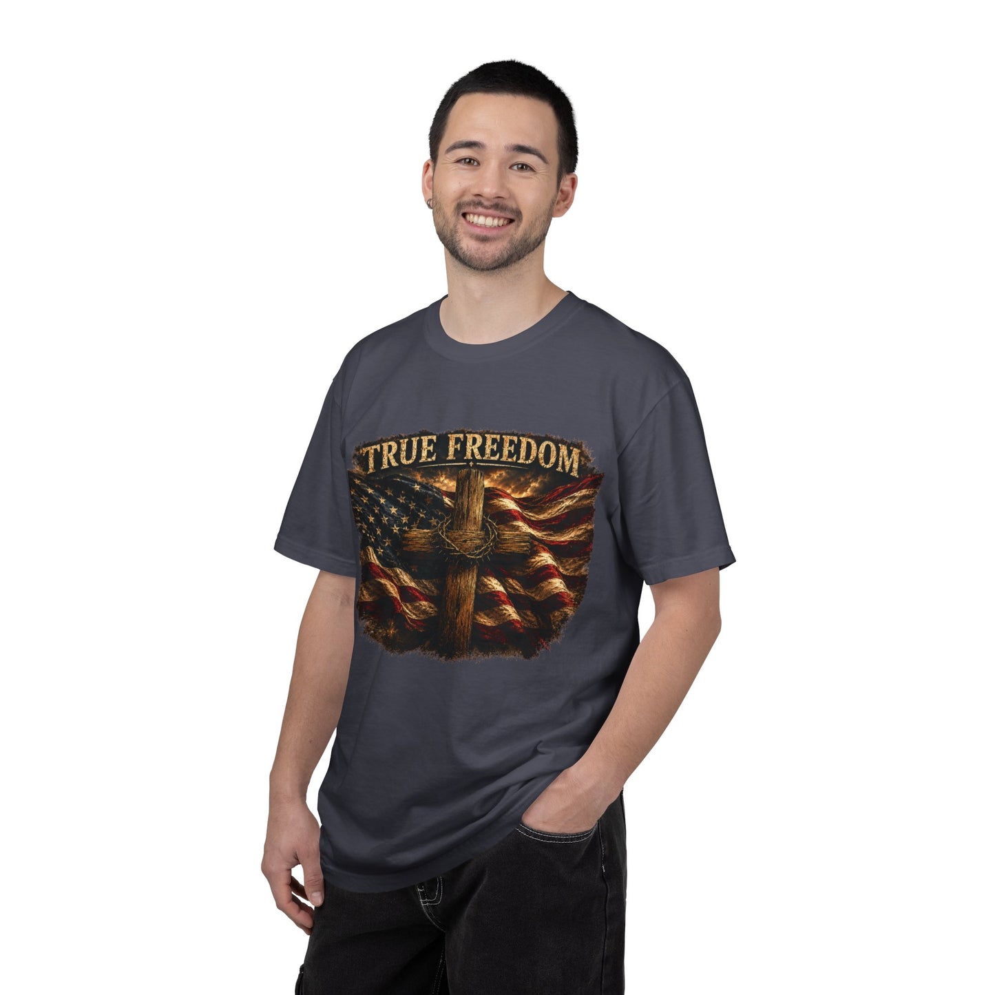 True Freedom Patriotic Christian T-Shirt | 2 Corinthians 3:17 | American Flag Cross Tee