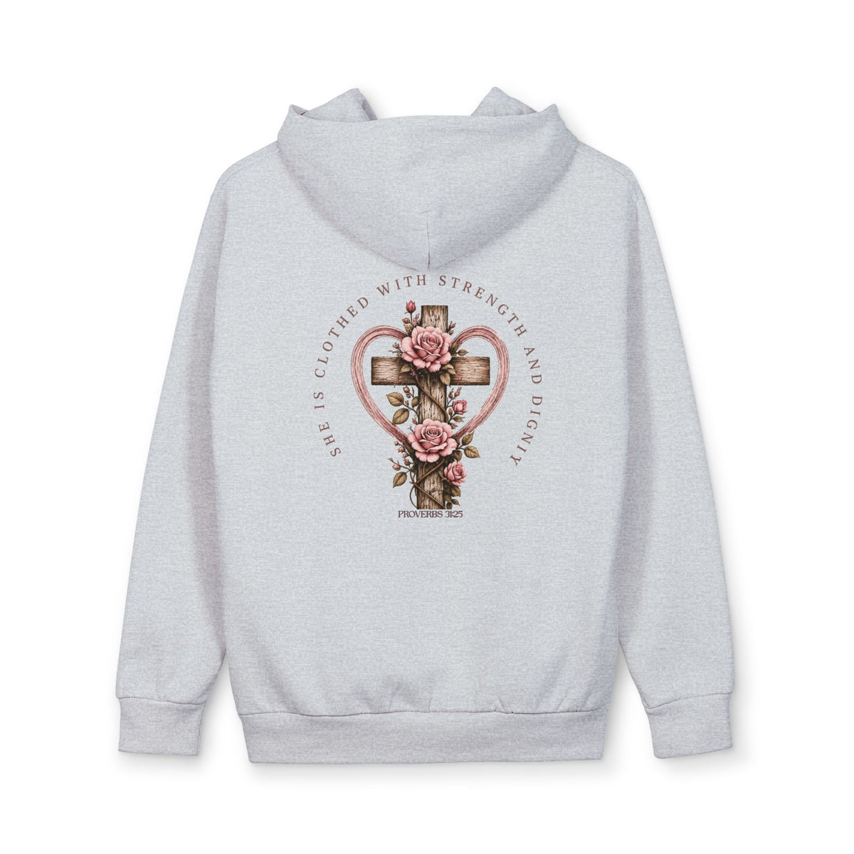 Love Esther Rose “Clothed With Strength & Dignity” Floral Cross Hoodie – Proverbs 31:25