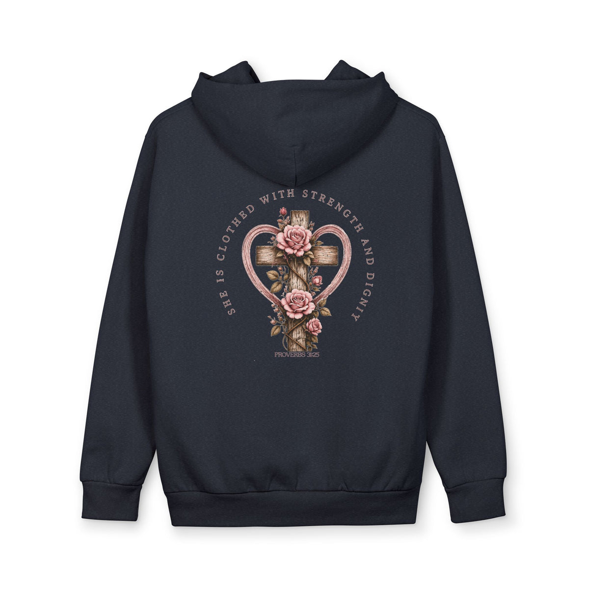 Love Esther Rose “Clothed With Strength & Dignity” Floral Cross Hoodie – Proverbs 31:25