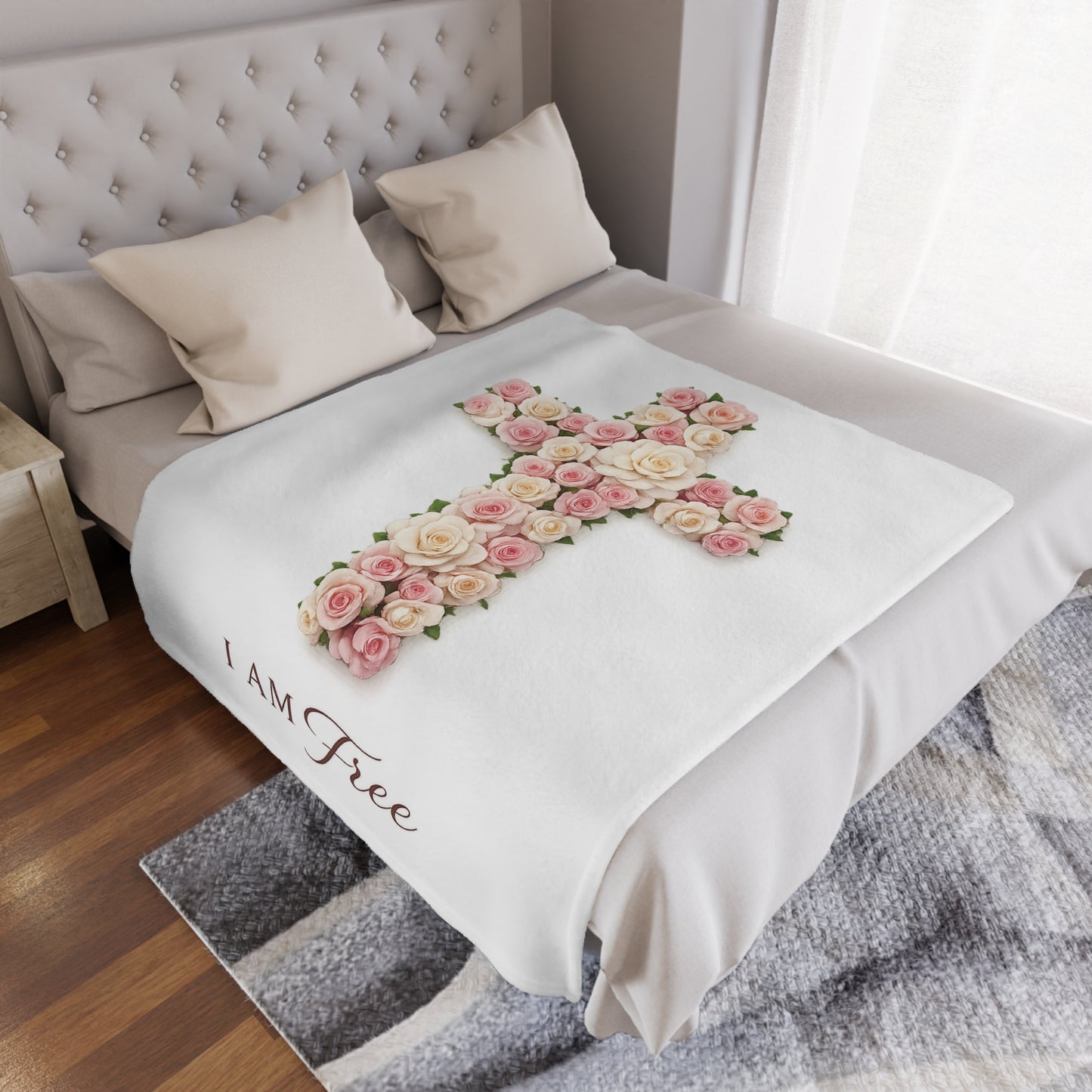 “I Am Free Floral Cross Plush Blanket-Faith Inspired Christian Home Decor