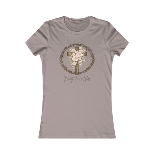 Christian Floral Cross Tee — "Beauty for Ashes" Women's Short Sleeve