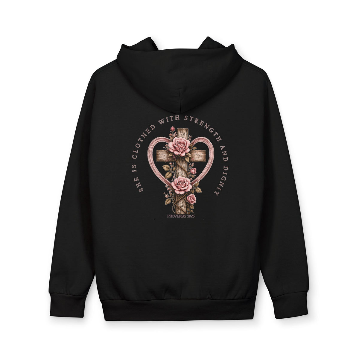 Love Esther Rose “Clothed With Strength & Dignity” Floral Cross Hoodie – Proverbs 31:25