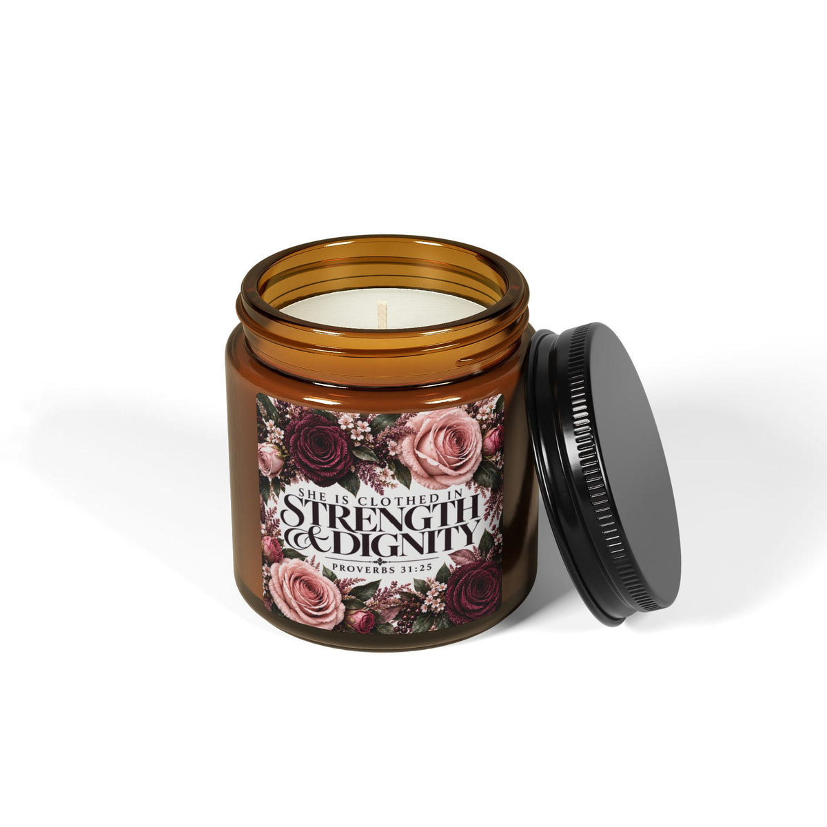 Strength & Dignity Soy Candle — Amber Jar, Floral Scent (Proverbs 31 Quote)