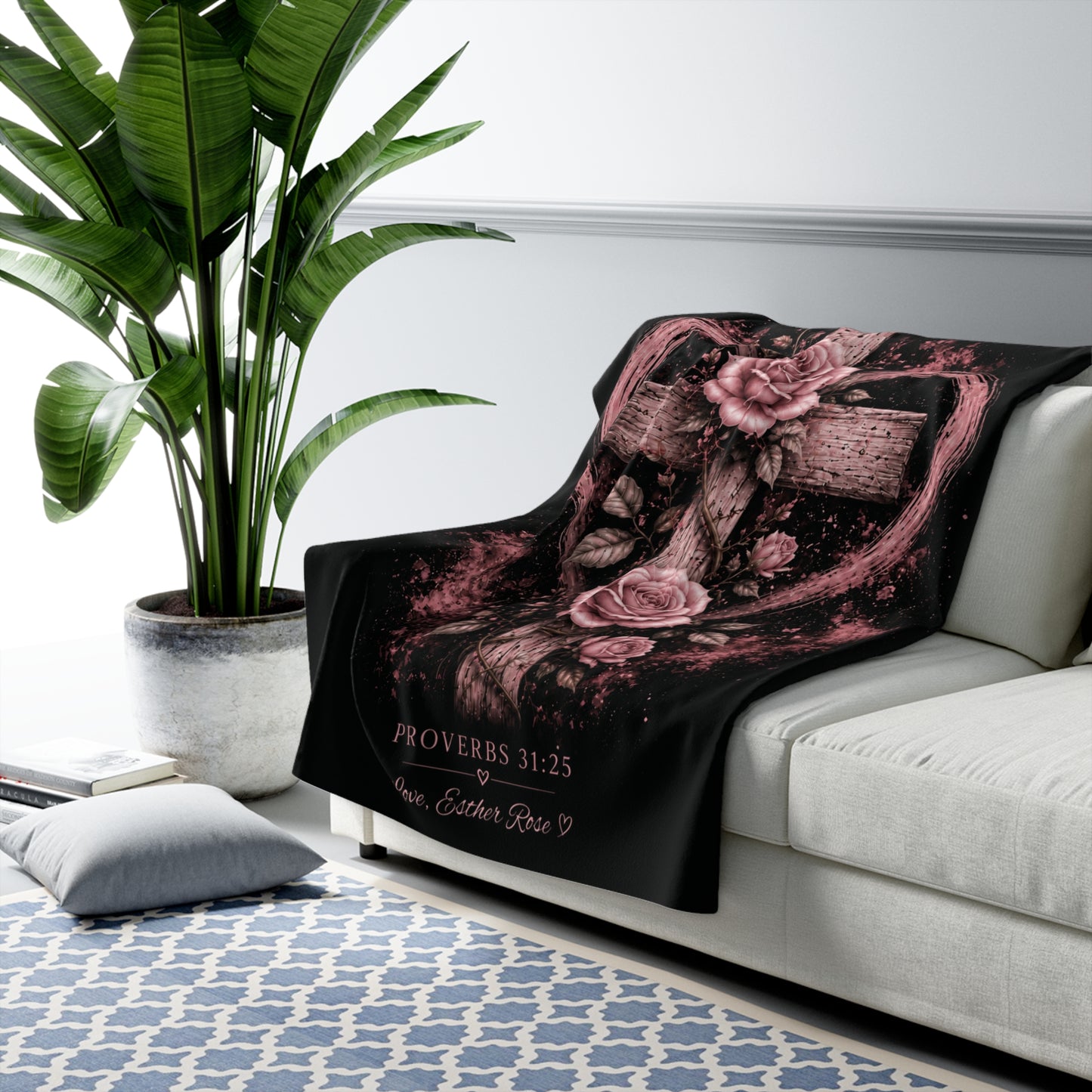 Sherpa Blanket — Pink Rose Cross with Proverbs 31:25 Christian Throw