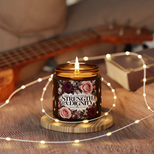 Strength & Dignity Soy Candle — Amber Jar, Floral Scent (Proverbs 31 Quote)