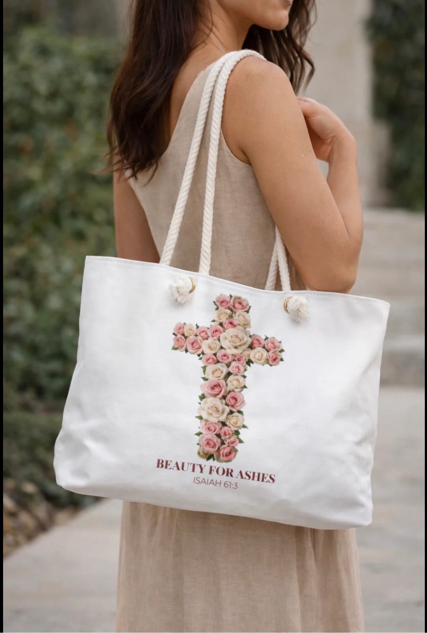 Copy of Beauty for Ashes Floral Cross Tote Bag | Isaiah 61:3 Christian Tote | Faith-Based Gift for Women