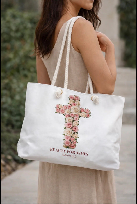 Copy of Beauty for Ashes Floral Cross Tote Bag | Isaiah 61:3 Christian Tote | Faith-Based Gift for Women