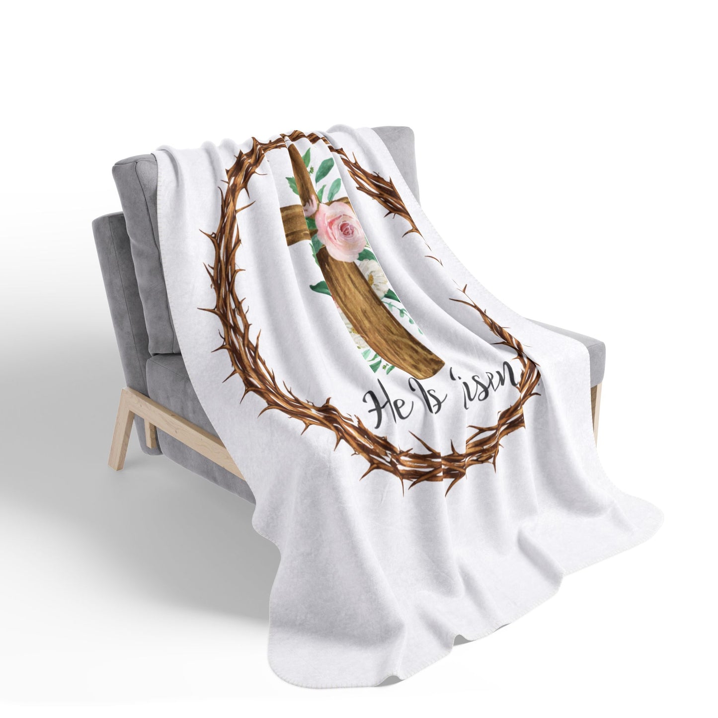 He Is Risen Sherpa Blanket | Faith-Inspired Cozy Throw | Christian Home Decor | Soft Ivory Fleece Blanket