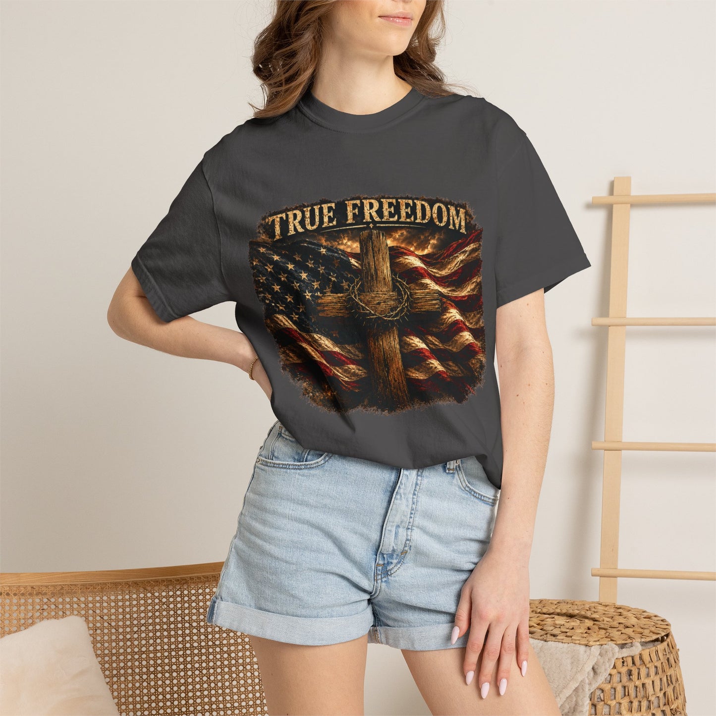 True Freedom Patriotic Christian T-Shirt | 2 Corinthians 3:17 | American Flag Cross Tee