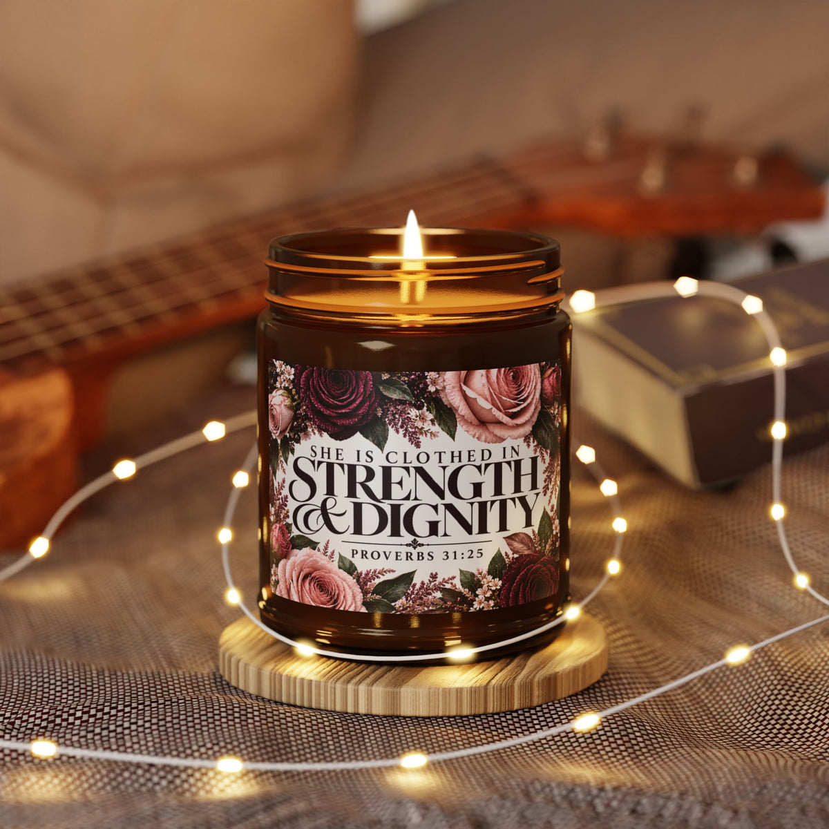 Strength & Dignity Soy Candle — Amber Jar, Floral Scent (Proverbs 31 Quote)