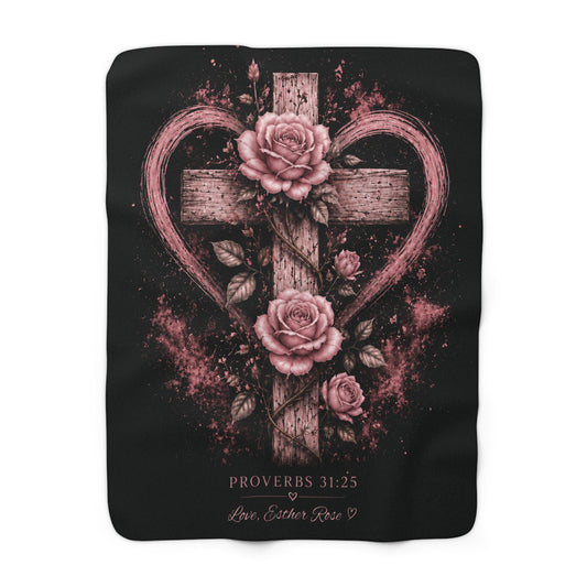 Sherpa Blanket — Pink Rose Cross with Proverbs 31:25 Christian Throw