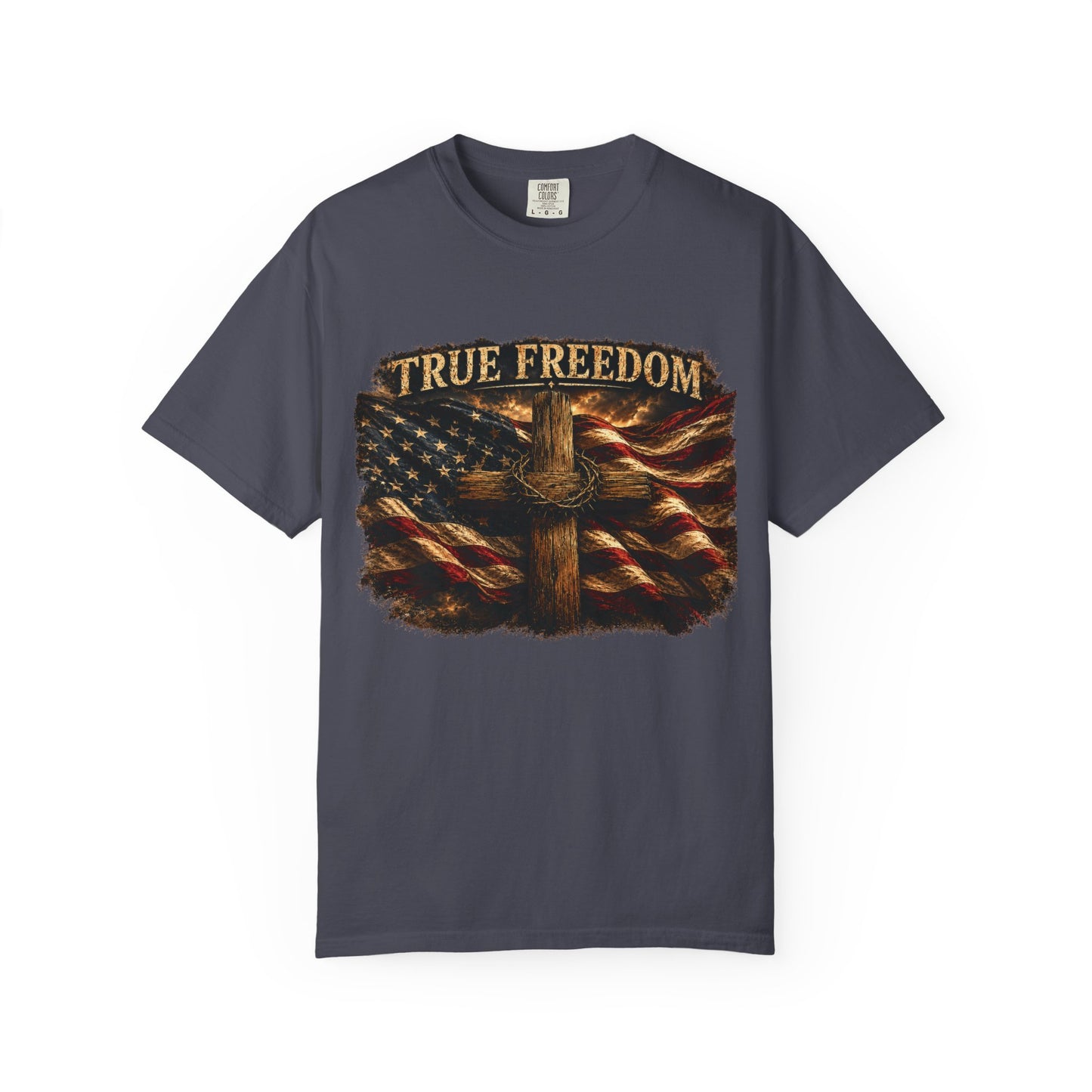 True Freedom Patriotic Christian T-Shirt | 2 Corinthians 3:17 | American Flag Cross Tee