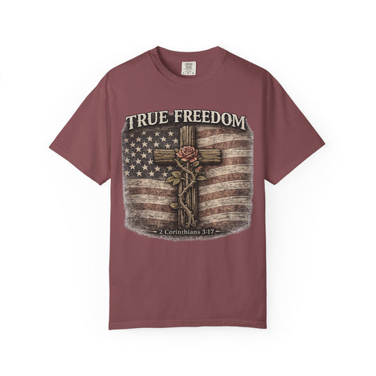 True Freedom | Patriotic Christian Cross Shirt | 2 Corinthians 3:17 | Vintage American Flag Tee
