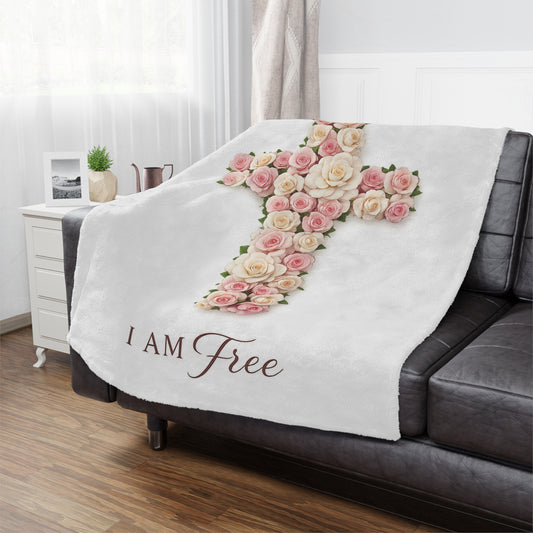 “I Am Free Floral Cross Plush Blanket-Faith Inspired Christian Home Decor