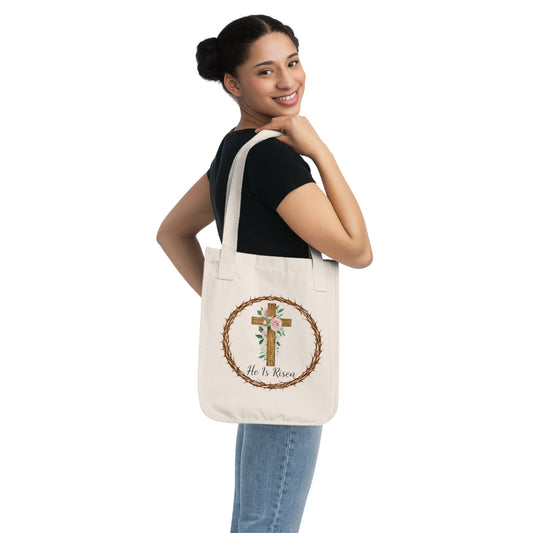He Is Risen Canvas Tote Bag | Faith-Inspired Christian Tote | Easter Cross Floral Design | Everyday Neutral Tote