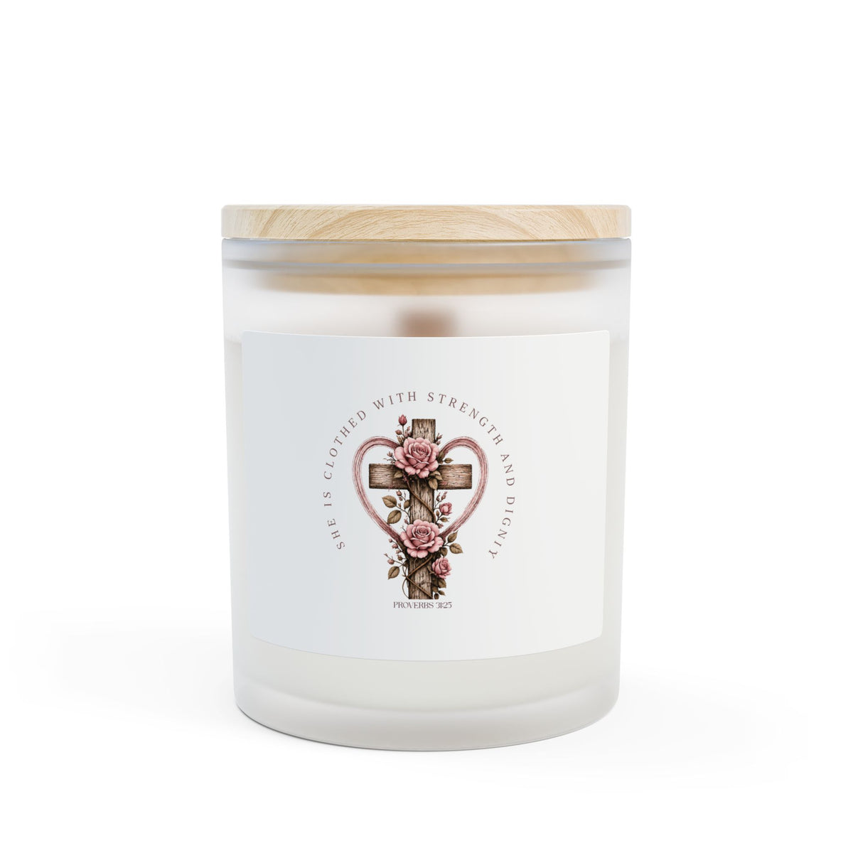 Copy of She Is Clothed With Strength and Dignity Candle – Proverbs 31:25 Frosted Glass Soy Candle