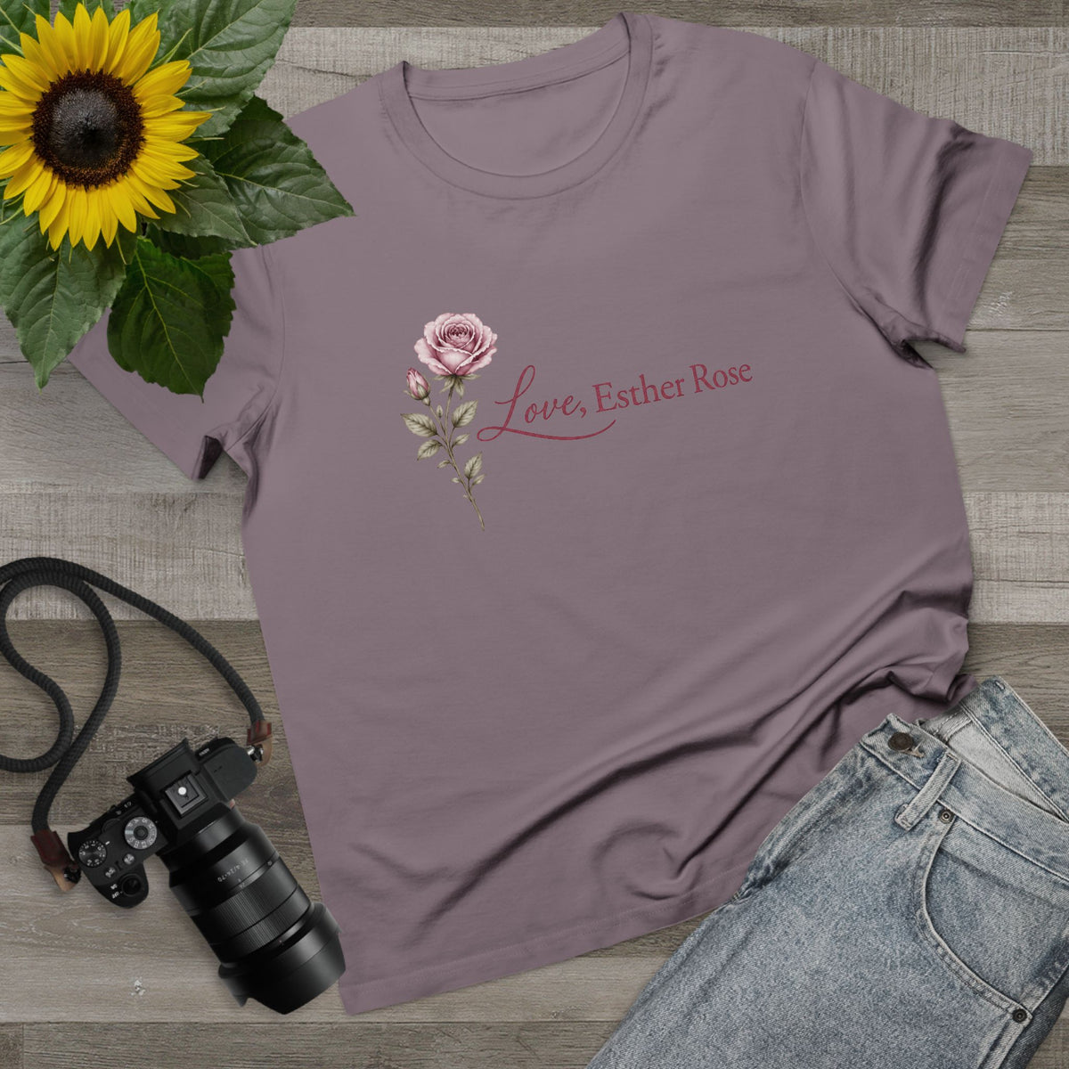 Women’s Floral Rose Tee – "Love, Esther Rose" Script