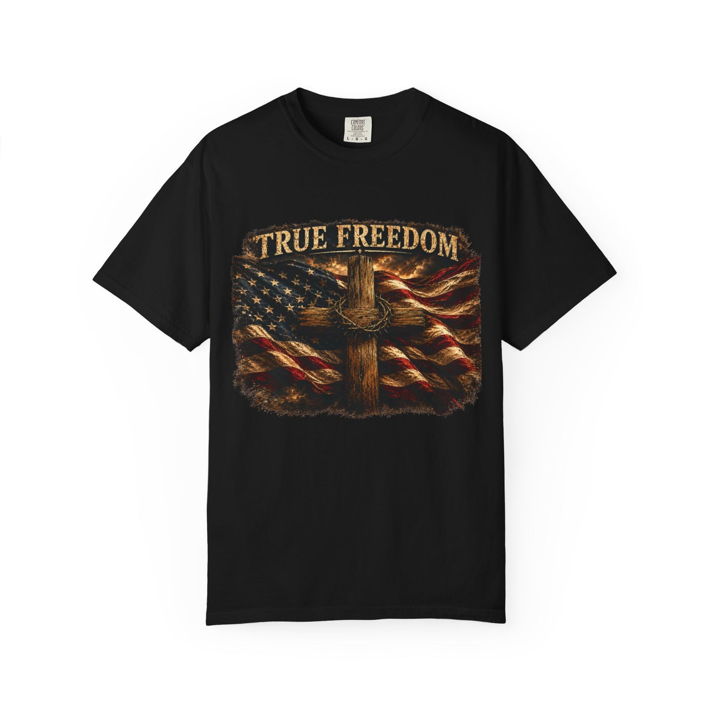 True Freedom Patriotic Christian T-Shirt | 2 Corinthians 3:17 | American Flag Cross Tee