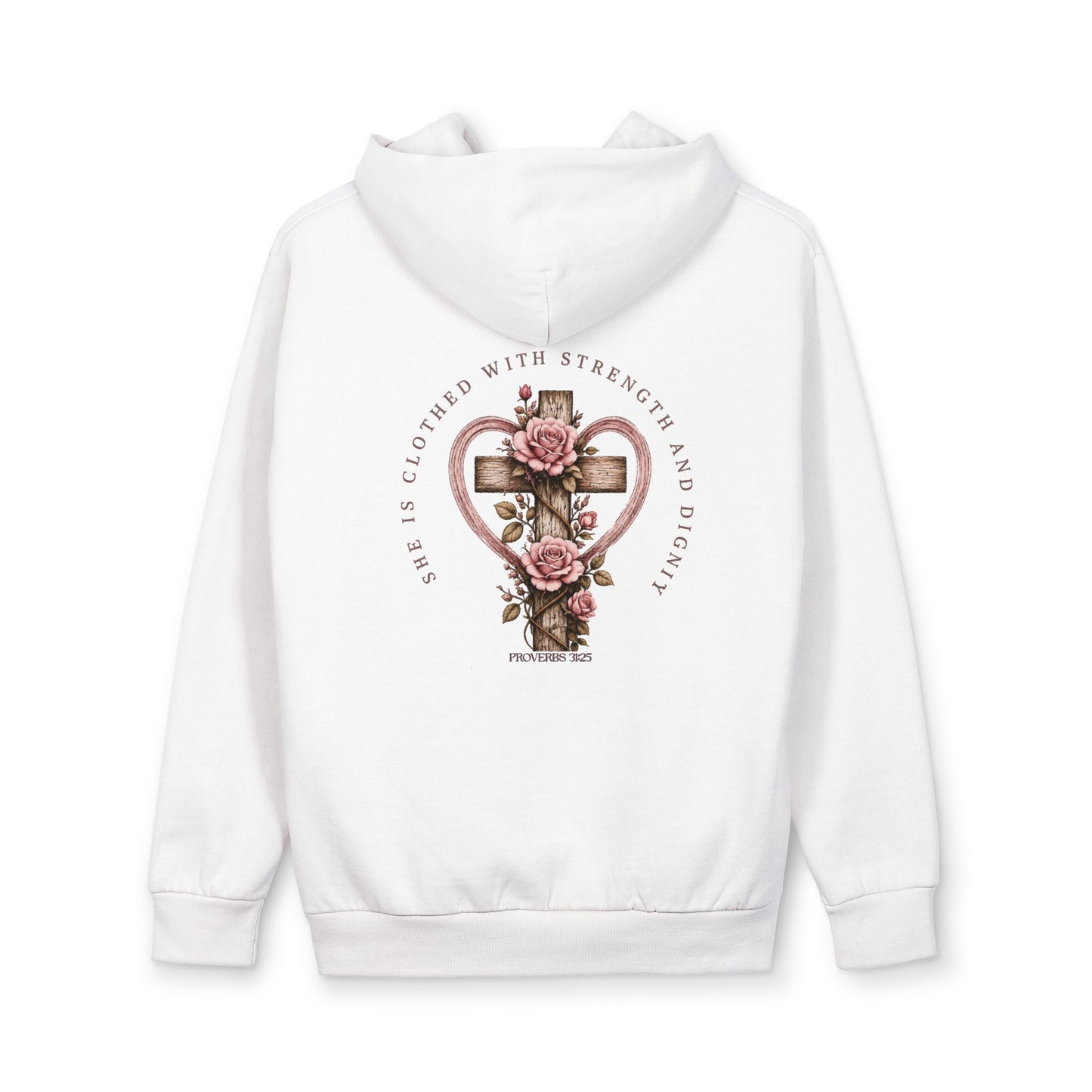 Love Esther Rose “Clothed With Strength & Dignity” Floral Cross Hoodie – Proverbs 31:25