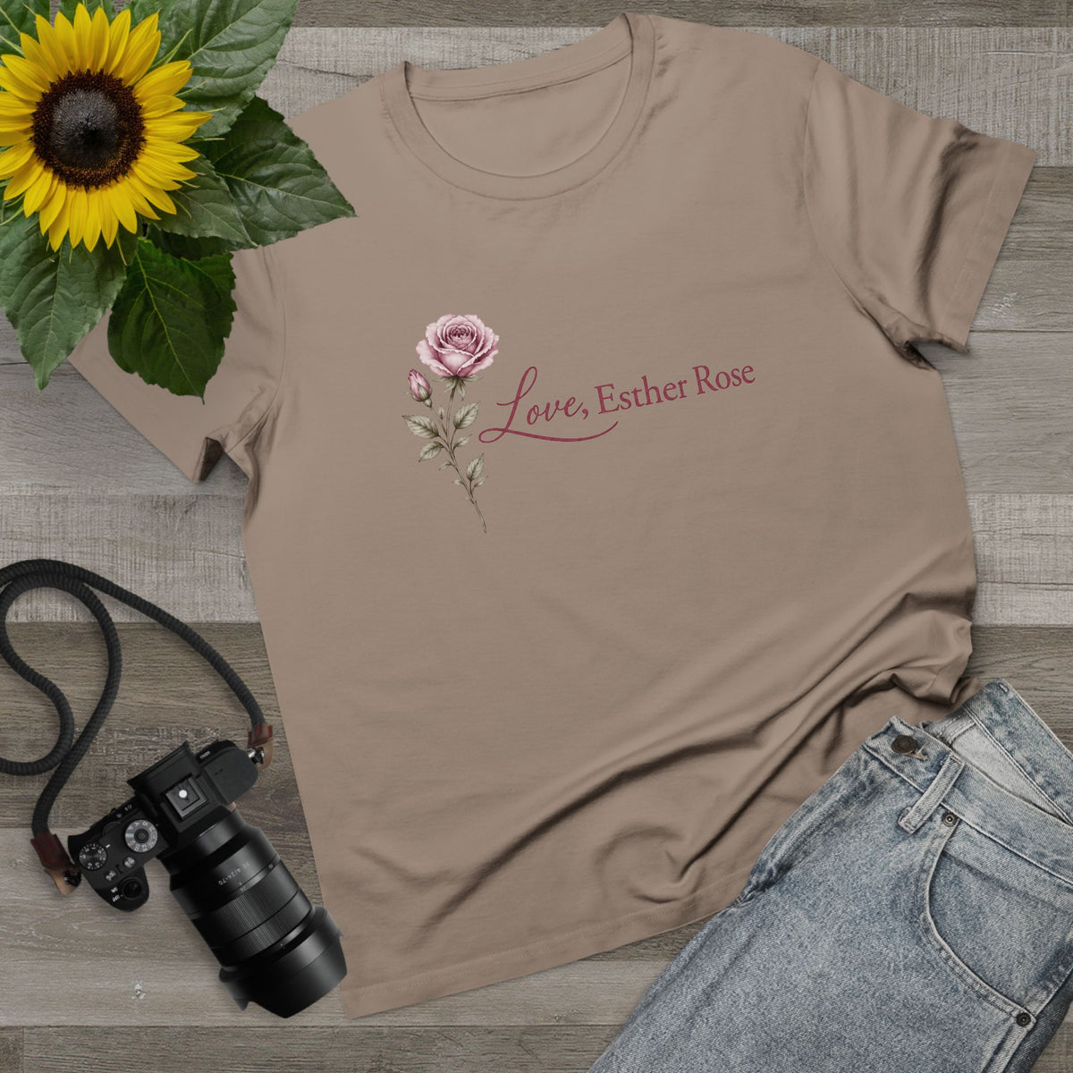 Women’s Floral Rose Tee – "Love, Esther Rose" Script
