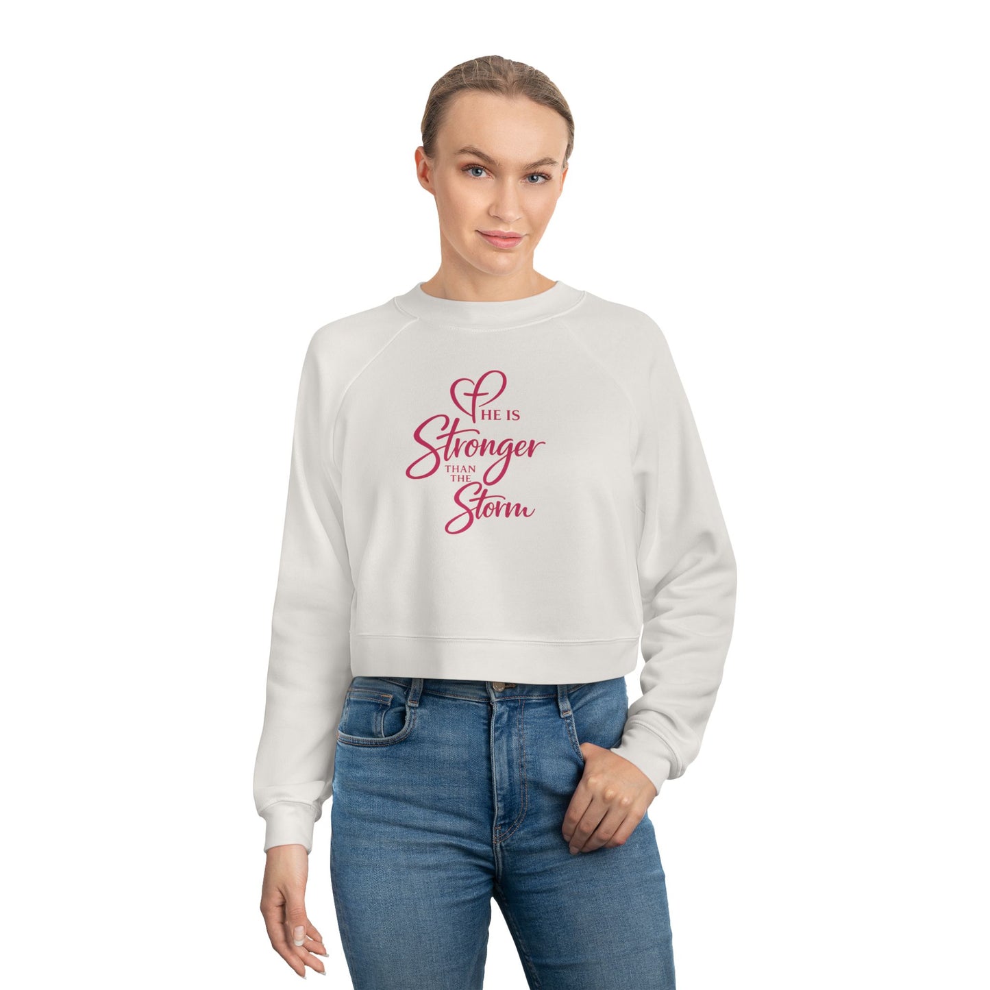 He Is Stronger Than the Storm Cropped Sweatshirt | Faith-Based Women’s Apparel | Christian Statement Pullover