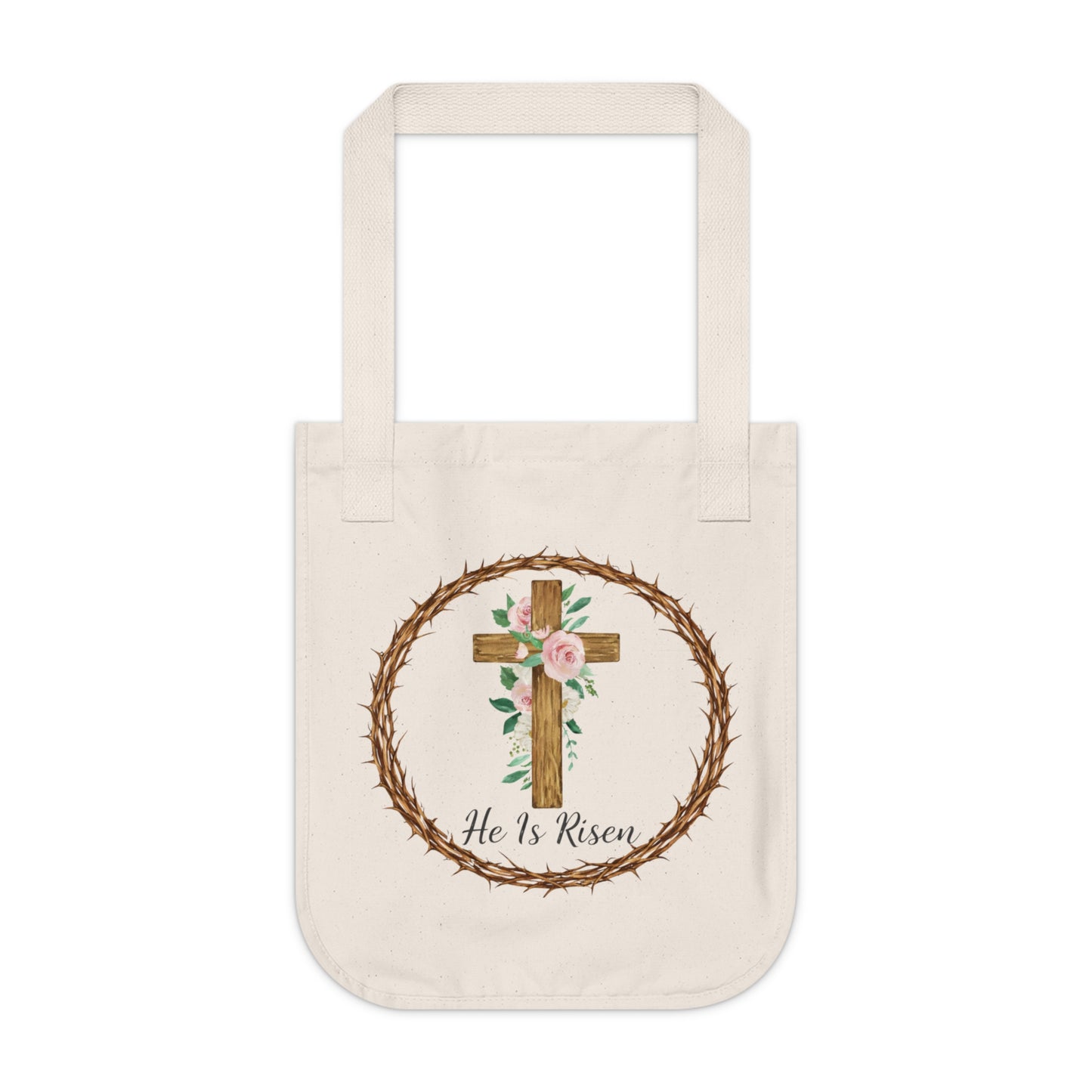 He Is Risen Canvas Tote Bag | Faith-Inspired Christian Tote | Easter Cross Floral Design | Everyday Neutral Tote